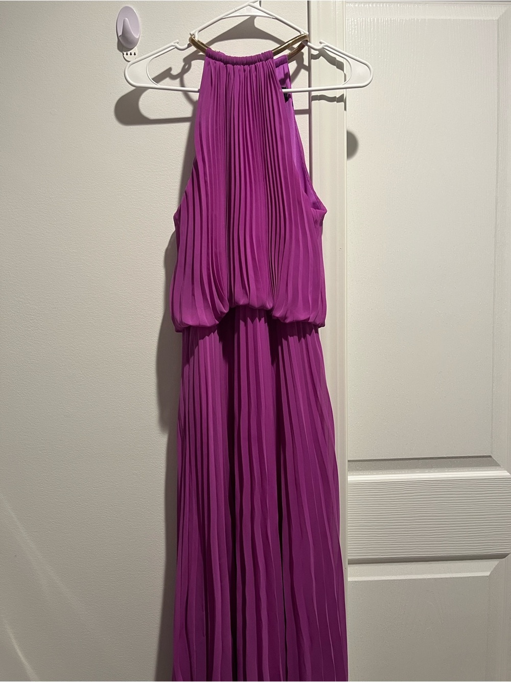 Xscape By Joanna Chen Gold Chain Neck Halter Pleated Purple Gown - 4